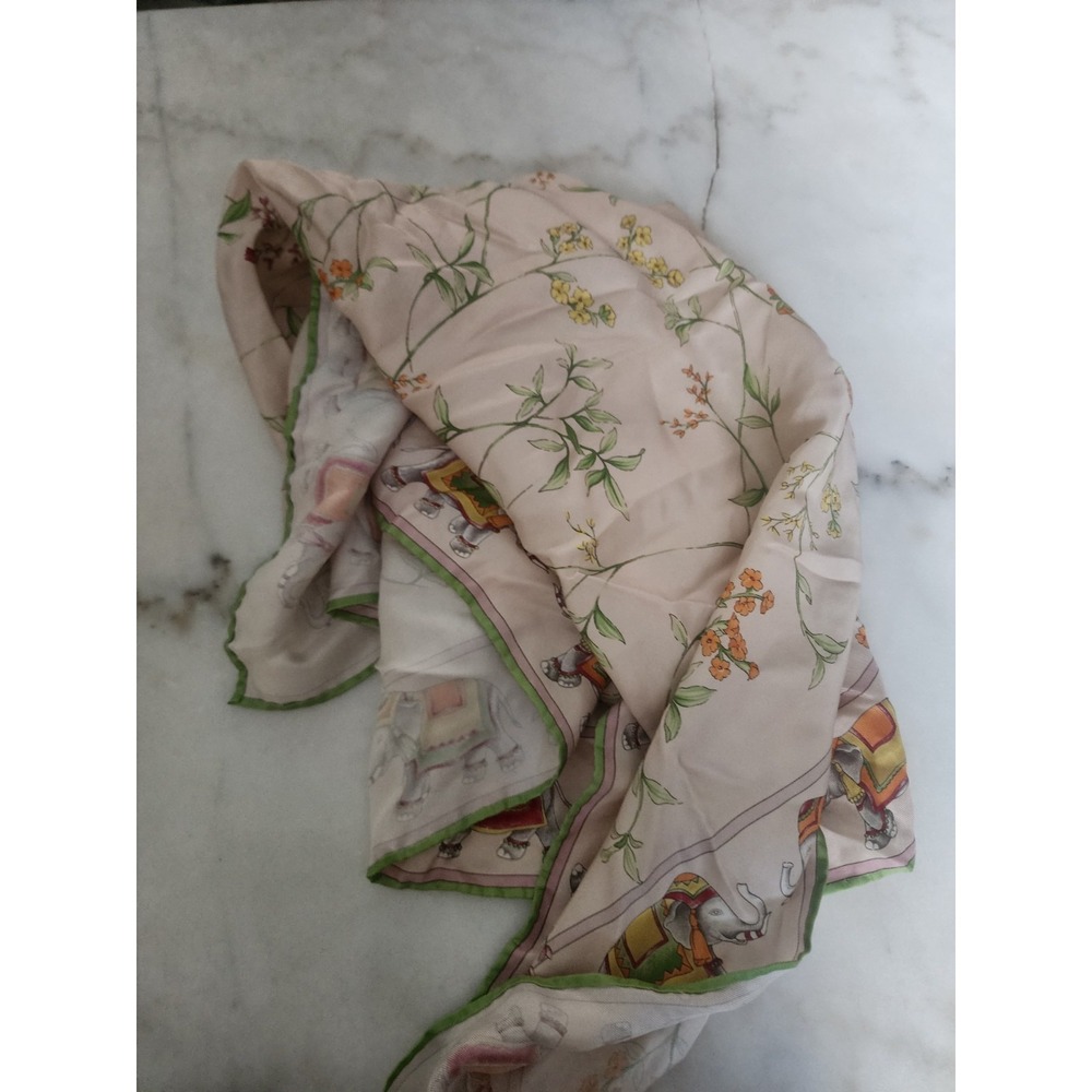 Jim Thompson Thai Silk Scarf Beige Ivory Elephants  36" x 35"